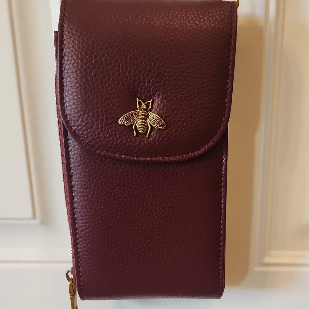 Burgundy Crossbody Bag with Gold Bee Accent